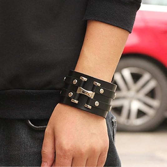 Wide Leather Cuff Bracelet, 2PCS Black Braided Leather Wristbands for Men Women - Image 4
