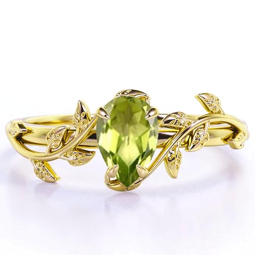 10K 14K 18K Solid Gold Pear Gemstone Engagement Ring for Women Leaf Art Deco Ring Teardrop Cut Vintage Vine Gemstone Bridal Wedding Engagement Promise Ring Size 4~154