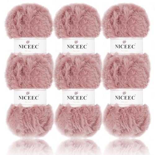 NICEEC 6 Skeins Soft Faux Fur Yarn 210yds/10.6oz- Incarnadine Pink