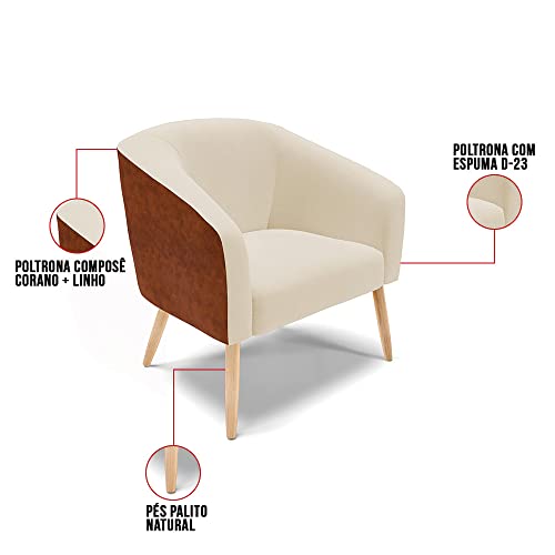 Poltrona Stella Couro Nozes com Linho Bege Pés Palito - D'Rossi