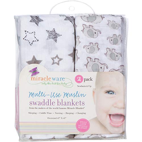 Image of Miracle Blanket Soft Muslin Swaddles Newborn Nursery Sleep Essential - Pack of 2 Warm Wraps (Grey Elephants & Grey Stars)