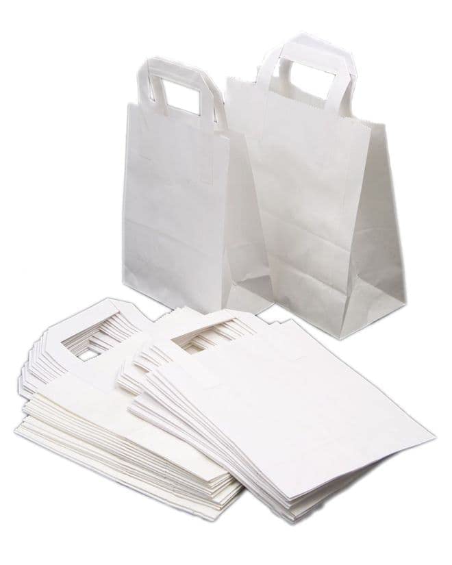 Lot de 100 grands sacs en papier SOS avec poignées - Papier kraft recyclable - Pour maison, cuisine, plats à emporter, école - Blanc (H x l x P) : 30 x 25 x 14 cm