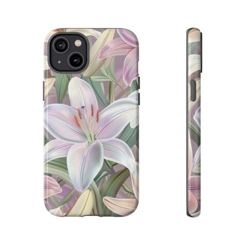Coque iPhone 14 Plus rigide antichoc rose avec motif floral lys de Pâques pastel brillant chic