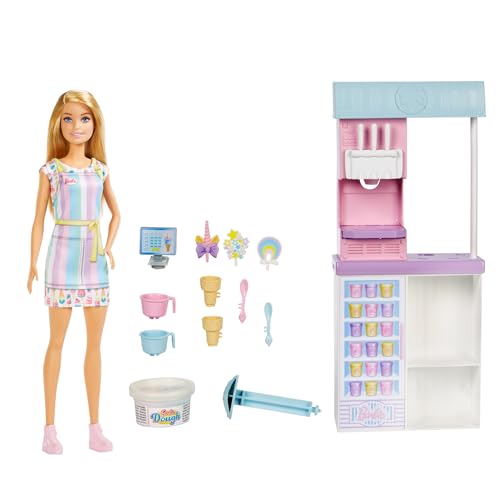 Barbie Juego de Heladería con Muñeca Rubia - Función de Hacer Helados - 2 Masas y Accesorios - Muñeca: 30,48 cm - Regalo para Niños de 3+ Años, HCN46