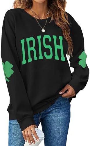 TAOHONG Women St. Patrick's Day Sweatshirts Shamrock Shirt Clover Printed Long Sleeve Irish Gift Casual Loose Fit Tops