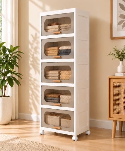 Image of KRISHYAM 5-Layer Plastic Storage Cabinet with Lift-Up Doors & Wheels, Smoky Translucent Multipurpose Organizer for Clothes, Bedroom, Kids Room & Home, 134 x 59 x 31 cm
