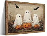 Framed Rustic Halloween Ghost Wall Art - Vintage Farmhouse Ghosts Pumpkins and Bats Canvas Print, Country Cottage Halloween Wall Decor for Living Room Bedroom, 8x10in Wood Frame