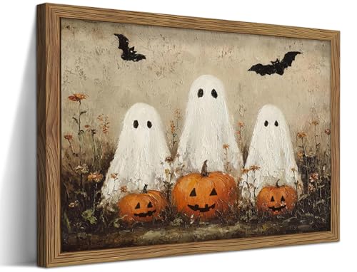 Framed Rustic Halloween Ghost Wall Art - Vintage Farmhouse Ghosts Pumpkins and Bats Canvas Print, Country Cottage Halloween Wall Decor for Living Room Bedroom, 8x10in Wood Frame