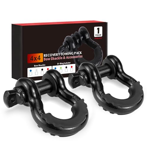 FieryRed 3/4 Inch D Ring Shackle 22046Ibs Break Strength with 7/8 Inch Locking Pin and Black Isolator Washer Kits to Use With Tow Strap,Pack of 2