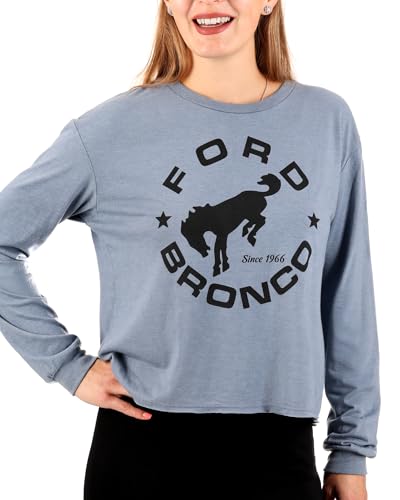 Ford Bronco Crop Top for Women – Flint Blue Heather Long Sleeve Shirt – Circle Logo Graphic – Officially Licensed