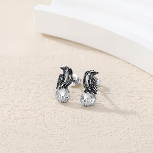 Diamond Skull and Raven Stud Earrings for Women 925 Sterling Silver Crow Jewelry Gifts3