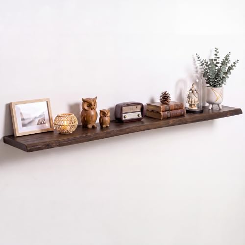 Image of RICHFOCUS Live Edge Elm Floating Shelves - 72 inch W x 9.3 inch D Rustic Solid Wood Wall Shelves with Invisible Bracket, Wall-Mounted for Living Room, Bedroom, Kitchen Storage & Display, Set of 1, Walnut