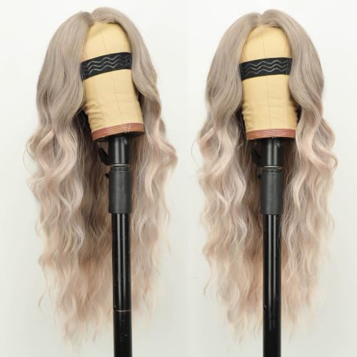 Image of AISI HAIR Champagne Ash Blonde Wavy Wig with Soft Pink Ends for Women, Long Wavy Lace Hairline Middle Part Synthetic Heat Resistant Wig for Daily Party-26 Inch