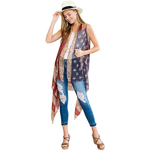American Flag Print Cardigan - July 4th USA Star & Stripe Patriotic Lightweight Shawl Open Kimono Cardi/Vest Cover (US, Alpha, One Size, Regular, Regular, Long Vest - Rustic Flag) Cover
