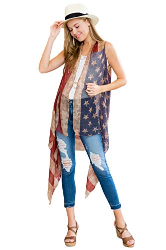 American Flag Print Cardigan - July 4th USA Star & Stripe Patriotic Lightweight Shawl Open Kimono Cardi/Vest Cover (Long Vest)