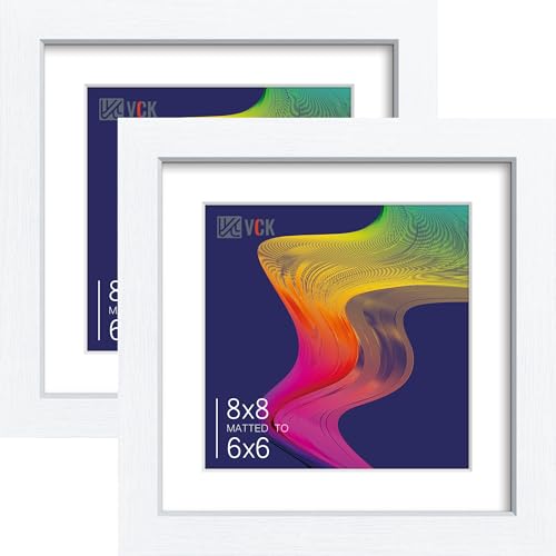 Image of VCK 8x8 Picture Frame 2 Pack, White Wood, 6x6 Mat, Glass, for Photo Print