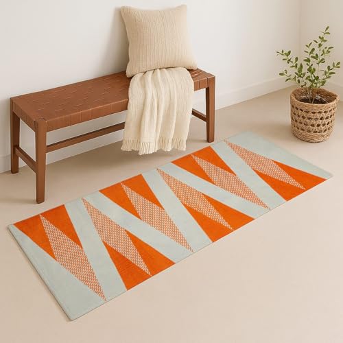 Image of SAGON 2x5 Ft Printed Runner Carpet - Cotton Bedside Rug for Bedroom & Living Room (Orangle Trangle-2)