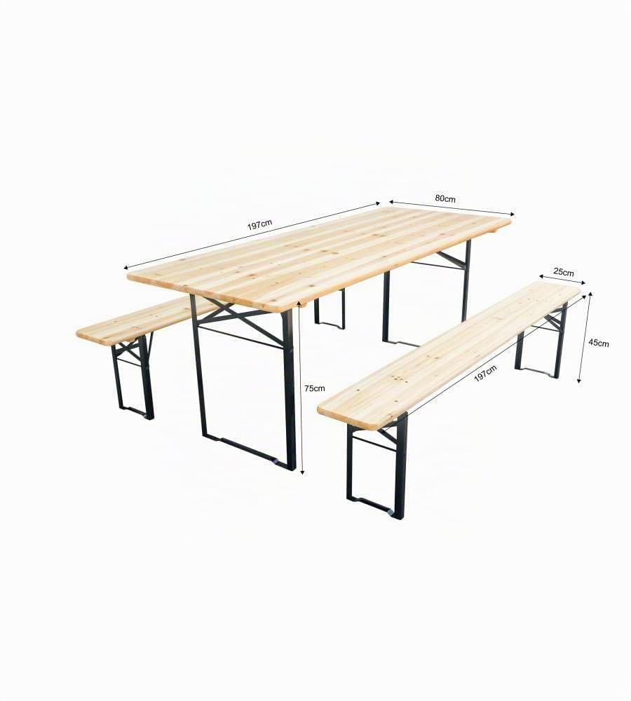 Set Birreria Richiudibile in Legno 200x80cm - Tavolo e 2 Panche