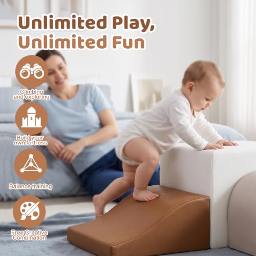 Image of Sumbababy Toddler Climbing Toys Leather Foam Climbing Blocks Indoor Soft Play Set Nordic Arch Climber for Babies and Young Toddlers High Density Foam Playroom Set Neutral