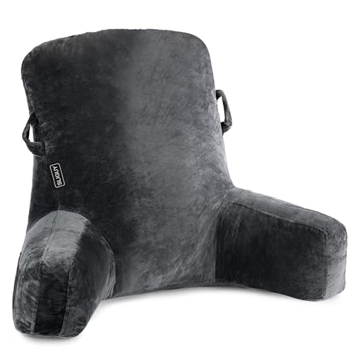 SLIGUY Almohada de Lectura Almohada de Espalda para Sentarse en la Cama,Sofá, Suelo Cojín de Lectura con Apoyabrazos para Leer, Juego, Ver la Televisión, Descansa Cómodamente, Gris Oscuro