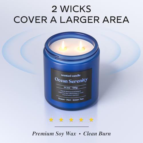 Image of CHILLFLAME Scented Candles, 14.1 oz Scented Candles for Home, 2 Wicks Blended Scents Aromatherapy Candles for Women and Men, Birthday Gifts for Women (Ocean+Mint+Green Tea)