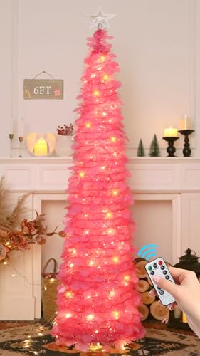 HMASYO 6 FT Pop Up Christmas Tree with 100 LED Lights & Remote, Hot Pink Christmas Tinsel Tree,...