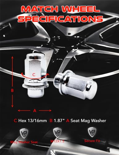 Image of Set of 24 Veritek 12x1.5mm 1.87 Inch 47mm Length 13 /16 Hex OEM Factory Mag Washer Style Chrome Lug Nuts for Toyota Tacoma 4 Runner SR5 Pre-Runner TRD Off-Road Limited OEM Replacement