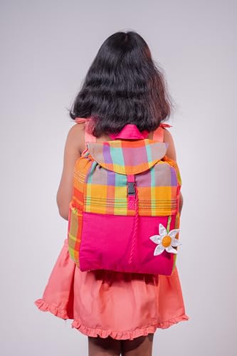 Multicolor Cotton Backpack with Daisy Accent, Pink and Orange Plaid Pattern2