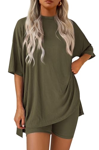 Image of PRETTYGARDEN Women 2 Piece Lounge Set 2026 Summer Casual Oversized Shirts Biker Shorts Matching Airport Travel Outfit Clothes