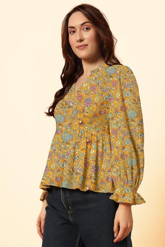 Image of THE DRY STATE Women's Rayon Casual Puff Sleeves Printed Multicolor Crop Top (S, Autumn Glory)