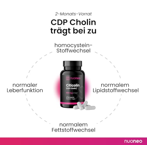 Citicolin CDP Cholin 500mg, 60 Kapseln, hohe Bioverfügbarkeit, keine Zusatzstoffe, volle 500 mg Citicoline/CDP-Cholin pro Kapsel von nuoneo