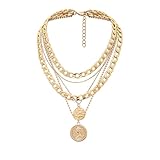 FNSIGHD Punk Chunky Chain Necklace,Multi-Layered Engraved Medallion Queen Elizabeth Coin Pendant,Thick Round Hip Hop Pendan,Exaggerated Cuban Necklaces,Gift for Women,Girls and Friends(Gold)