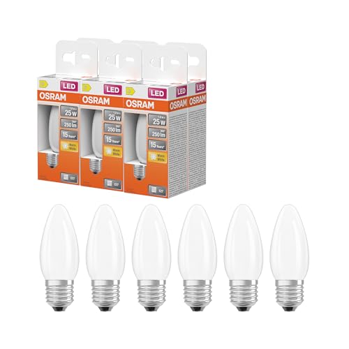 OSRAM Lámpara LED forma de vela estrella, filamento B25, 2700 K blanco cálido, 1,8 W, E27, mate, 250 lm, 15.000 h, para lámparas de mesa, luminarias decorativas,6 Pack
