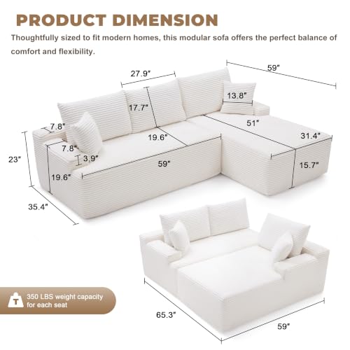 Image of Mangodan Cloud Sectional Sofa, Boneless Couch for Living Room, Modular Sectional Sofa with Deep Seat, Fluffy L-Shaped Comfy Couch with Right-Facing Chaise, No Assembly Required, Beige