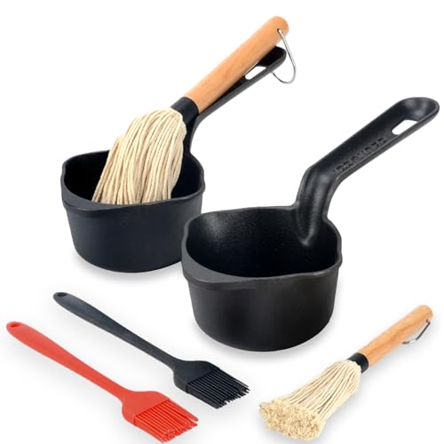IPROUDER Cast Iron Sauce Pan and Basting Pot with BBQ Mop Brushes - Cast Iron Small Sauce Pots 2 Pcs for Grilling, Melting, Camping Cooking & Stoves - Mini Pot for Butter Melter