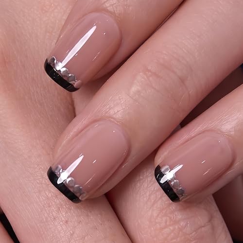 Image of CurvLife Soft Gel Square French Tip Press-On Nails Short, Reusable Black Diamond Fake Nails with Glue & Adhesive Tabs, 32PCS Salon-Quality Stick-On Nails for At-Home Manicure (Noir Trim)
