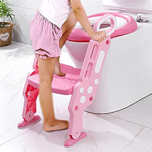 子供用 補助便座 トイレトレーナー 折りたたみ式 ステップ式 トイレトレーニング 便座 幼児用 携帯用 取っ手付き ベビー踏み台 滑り止め 尿がしぶき防止 子供用便座 女の子 男の子 お誕生日 プレゼント 保育園 幼稚園適用 折りたたみ (ピンク)