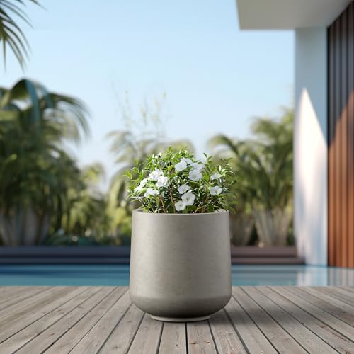 Image of Kante Large Round Curved Weathered Concrete Planter 16.5 inch Dia, Outdoor | Rubber Plug for Indoor, Drainage for Garden, All-Weather Cement Tree Pot, Handcrafted, Anti-Frost & UV, Modern Home Decor