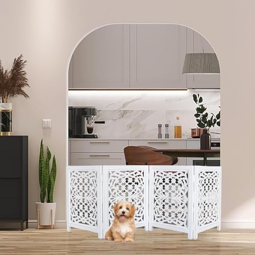 Image of Foldable Wooden Dog Gate with 4 Panels | Freestanding Pet Safety Barrier for Dogs & Puppies | Indoor Fence for Doorway, Stairs & Hallway | Portable Pet Gate (White)