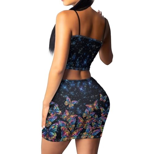 Image of Biyejit Women's 2 Piece Summer Outfits Spaghetti Strap Crop Tops and Bodycon Mini Skirt Dress Set Plus Size S-4XL