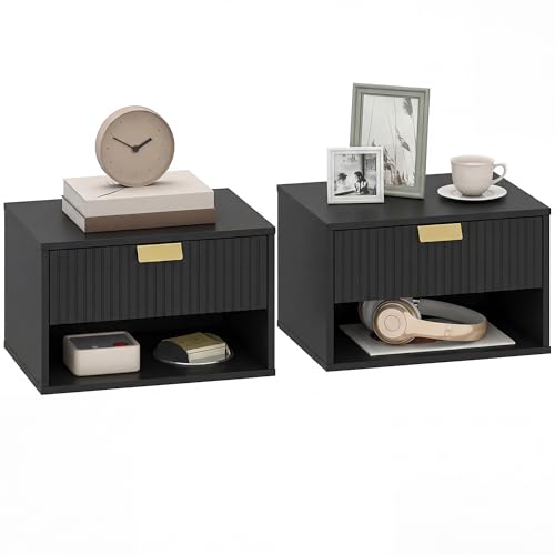 HOMCOM Modern Floating Nightstands Set of 2 Wall Mounted Bedside Tables with Fluted Drawer for Bedroom and Living Room 40W x 30D x 25H cm Black
