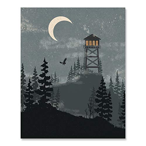 Forest Wilderness Art Print - 8 x 10 Nature Woods Trees Landscape Unframed Artwork Night Sky Lookout Tower Crescent Moon Outdoor Inspiration Poster Calming Peaceful National Park Decor