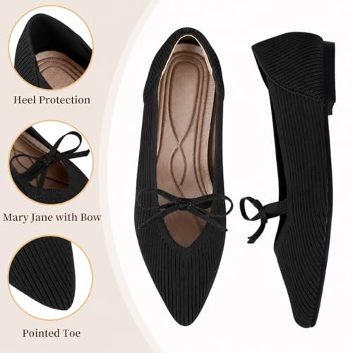 Image of TINGRISE Women's Pointed Toe Flats Comfortable Knit Ballet Shoes Washable Dressy with Bow Business Casual Work Shoes