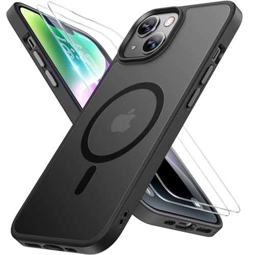 Miracase Magnetic for iPhone 14 Plus Case 6.7 inch (Compatible with MagSafe)（with 2X Screen Protectors） Military-Grade Protection, Anti-Fingerprint Translucent Matte Phone Case Cover, Black