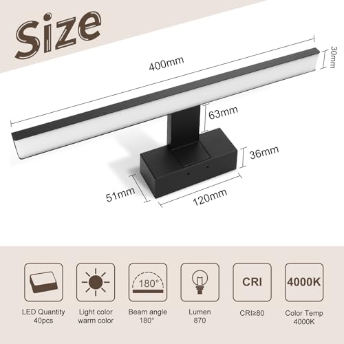 Aigostar LED Spiegelbeleuchtung 40cm – 8W 560LM Warmweiß 4000K, IP44 Badezimmer-Wandleuchte Schwarz, 230V (Licht für Spiegel/Make-up-Bereich) – Bild 4