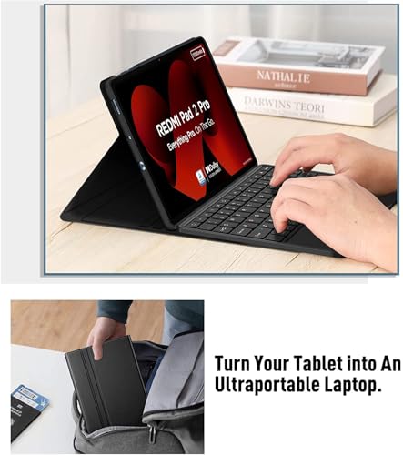 Image of HOM Tri-Fold 7-Colour Backlight Detachable Wireless Bluetooth Keyboard with Trackpad /Touchpad Tablet Cover Case for Xiaomi Redmi Pad 2 Pro 12.1 inch Tablet - Black