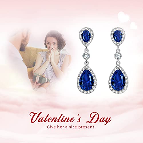 Elequeen 925 Sterling Silver Full Prong Cubic Zirconia Birthstone Teardrop Bridal Dangle Earrings Sapphire Color For Women Girls, Valentine's Day/Mother's Day/Christmas Jewelry Gift For Girlfriennd/Mom #TOP5