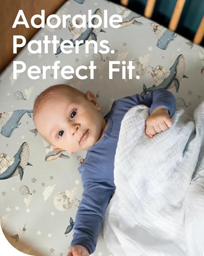 Image of Premium Fitted Baby Boy Crib Sheets for Standard Crib Mattress - Ultra-Soft Jersey Knit Crib Mattress Sheet, Safe and Snug, Durable, Stylish Crib Sheet, 28''x52''x9'' Extra Deep Pocket (Whale Dreams)