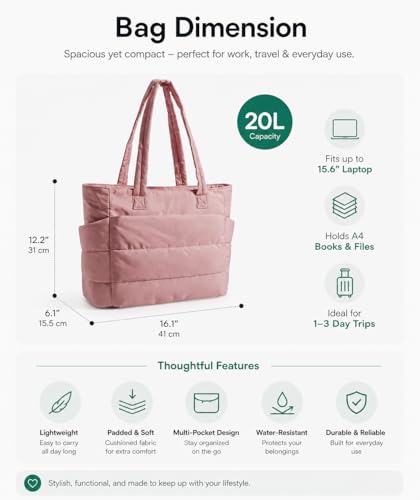 Image of Tressential Puffer Tote Bag for Women, Lightweight, 20L Capacity with 15.6 inch Laptop Compartment, Side Pockets, Office, College and Travel