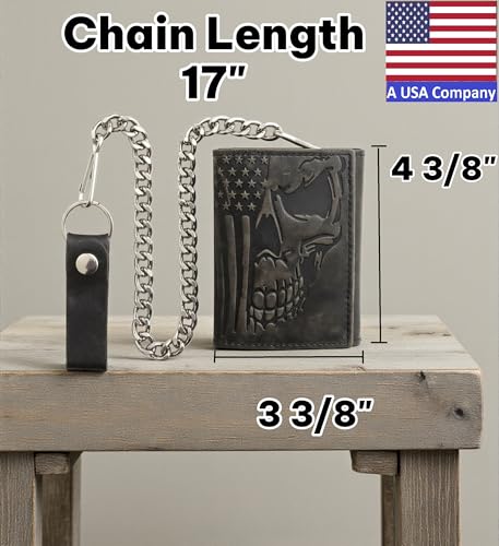 Image of F&L CLASSIC RFID Blocking Men's Tri-fold Vintage Biker Cowhide Leather Steel Chain Wallet,Snap closure, black, skull flag,315-203